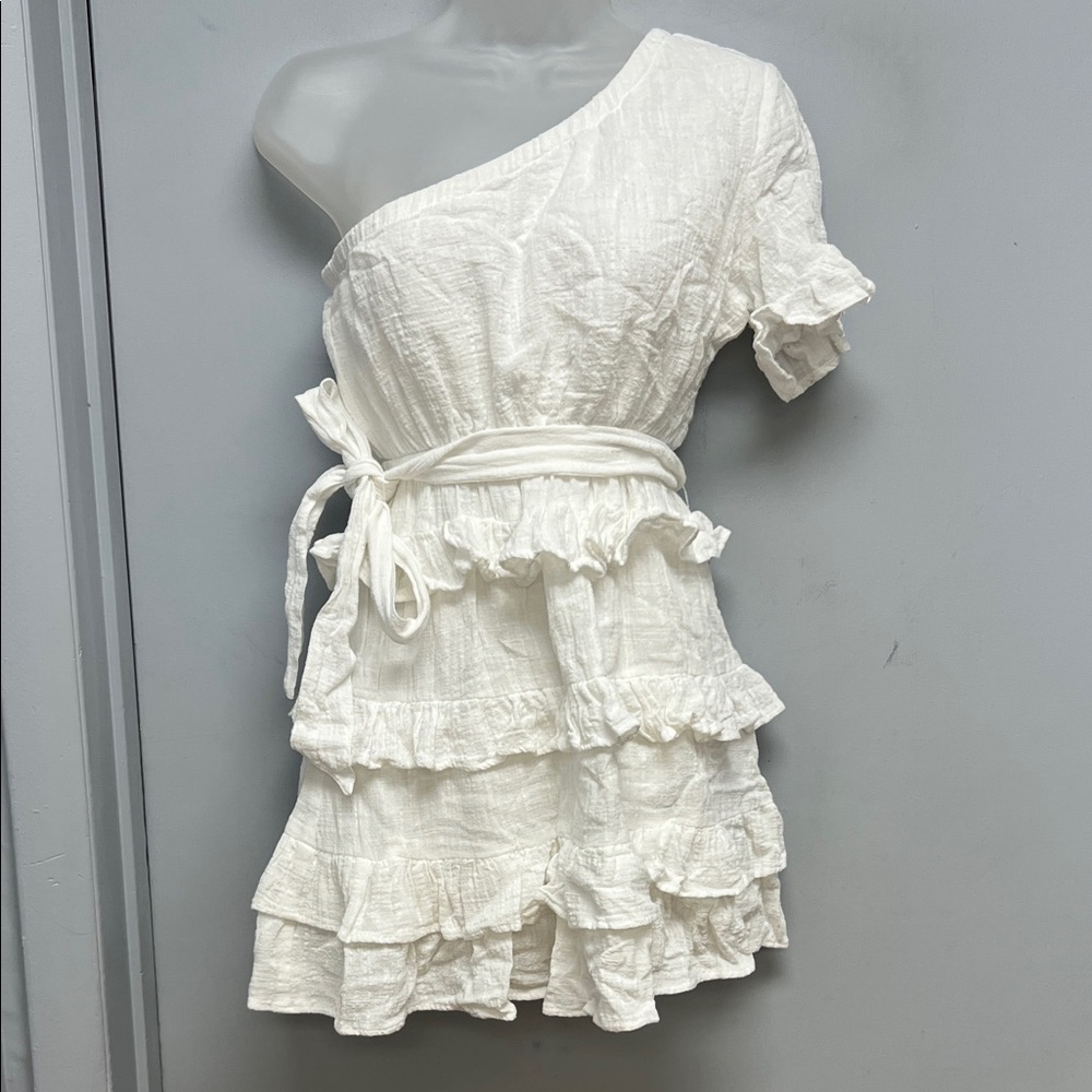 VICI One-Shoulder Ruffle Mini Dress | White Tiered Boho Dress | Size Small